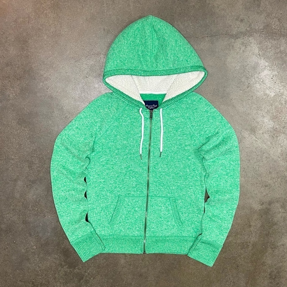American Eagle Full Zip Logo Sherpa Hoodie Sweatshirt Y2K